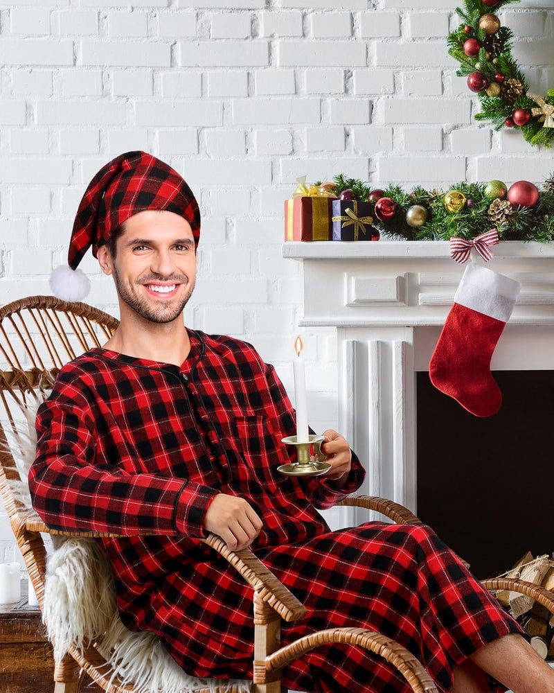 Cuffbow 4 Pcs Christmas Men's Cotton Flannel Nightshirt Set Includes Men Flannel Long Sleeve Nightgown Cap Candle and Holder - Image 5